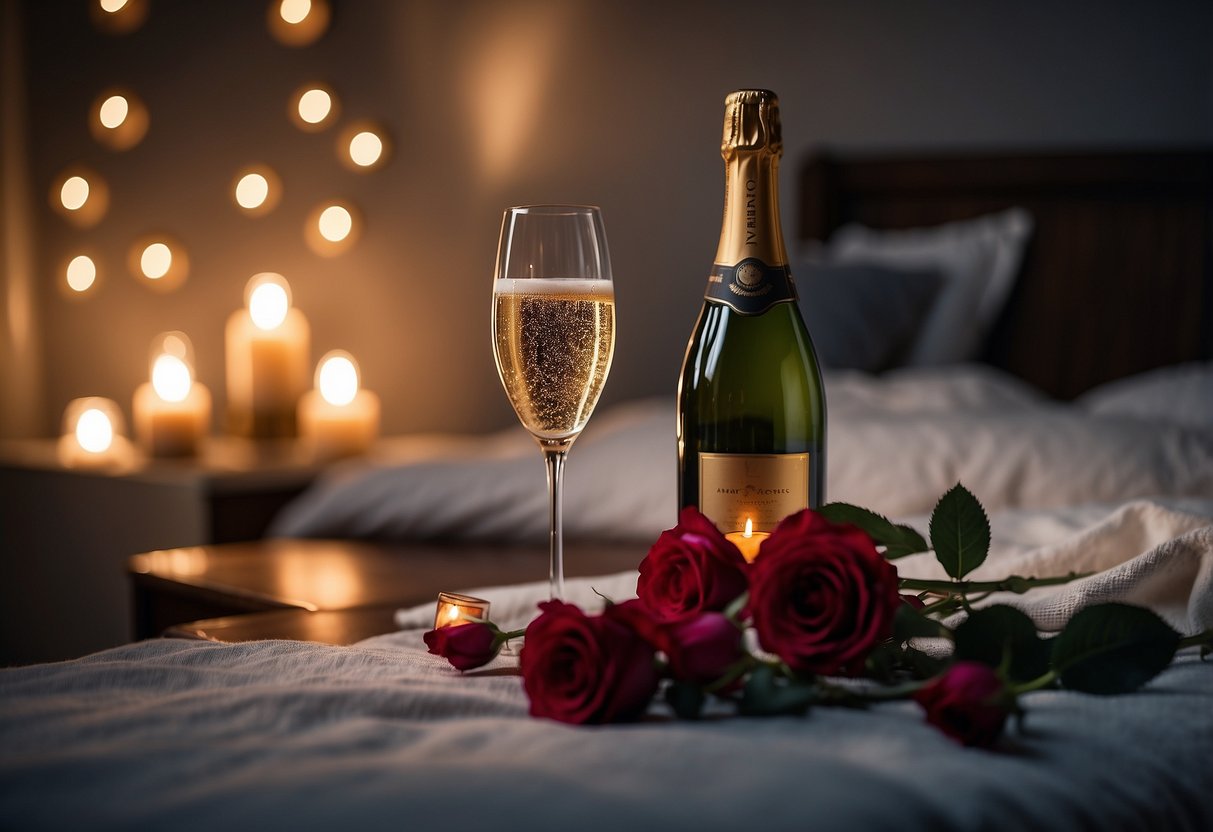 A dimly lit room with soft candlelight, rose petals scattered on the bed, and a bottle of champagne chilling on the nightstand