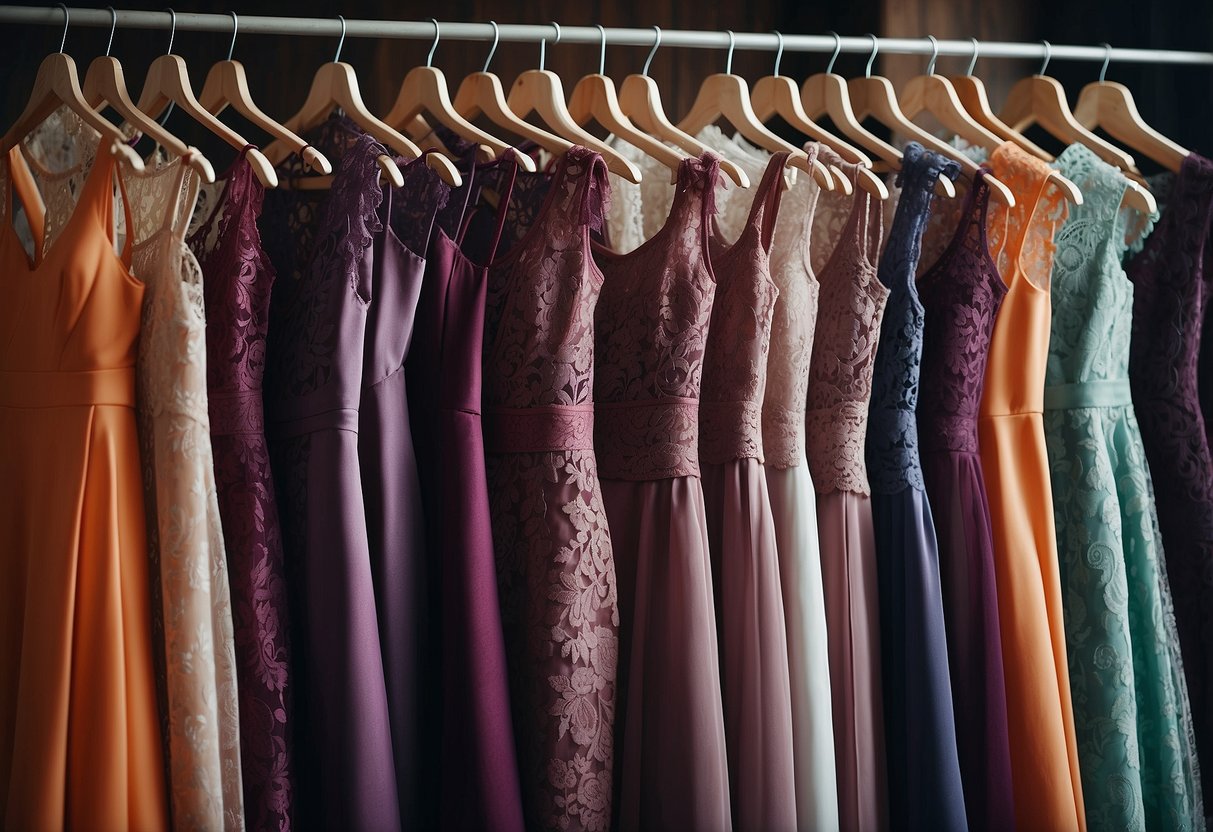 A plum-colored dress hangs on a hanger, surrounded by other colorful options. The fabric is flowing and elegant, with intricate lace details