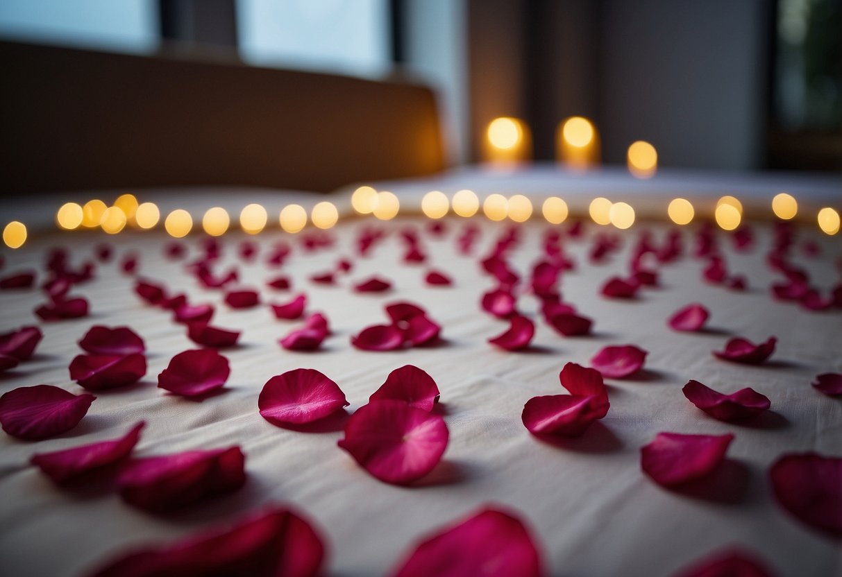 Silk rose petals spread across the bed, creating a romantic and elegant atmosphere for a wedding night room decoration