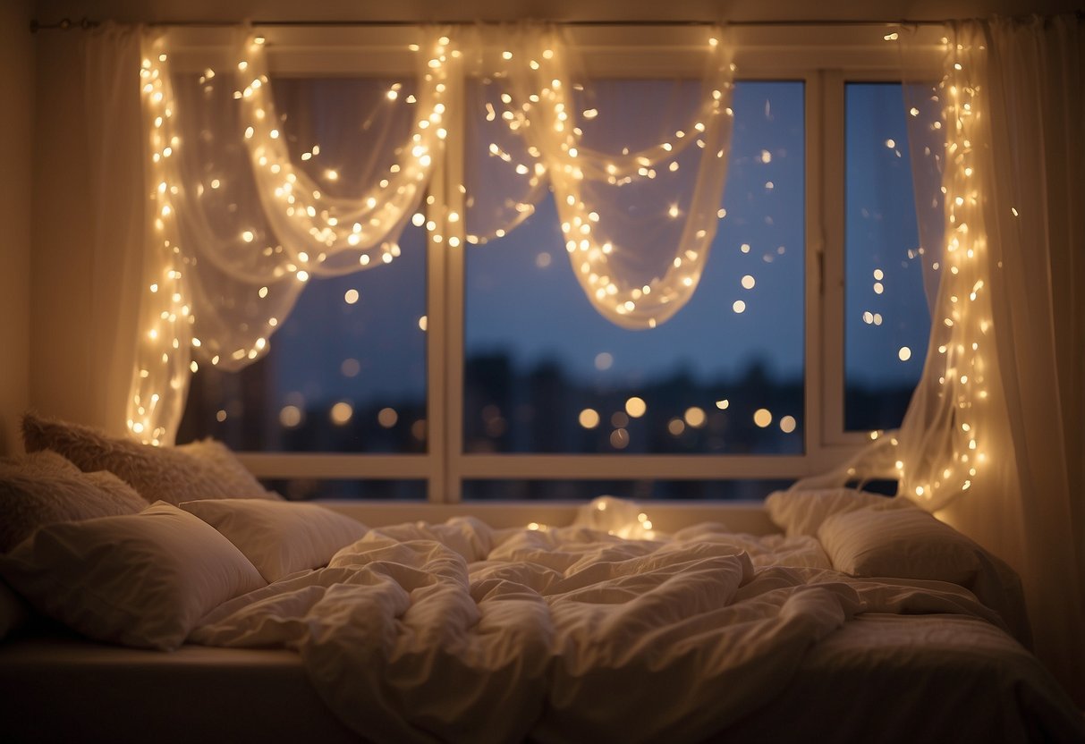 Soft white fairy lights drape over the bed, casting a warm glow. They twinkle against the sheer curtains, creating a dreamy atmosphere for a wedding night room