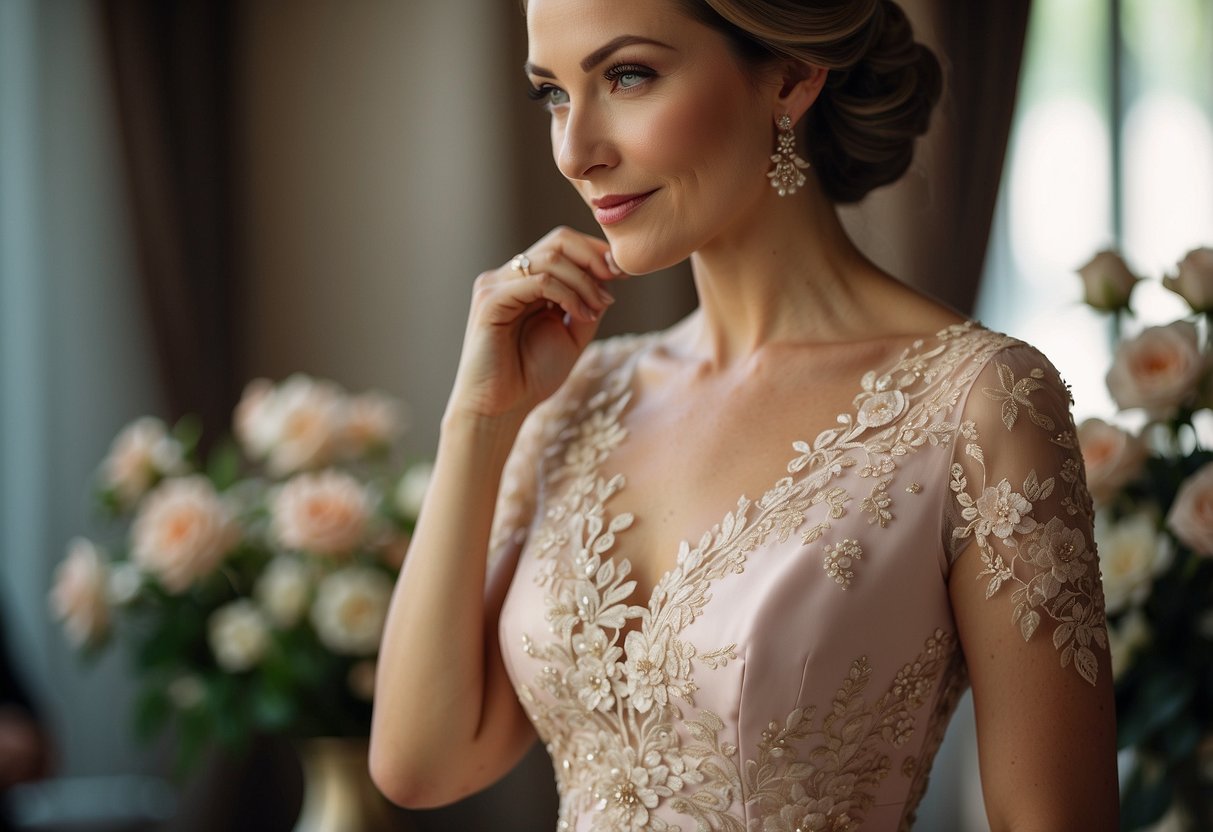 Mother of the bride wears a soft blush pink dress, adorned with delicate lace and subtle floral accents, perfectly complementing the wedding theme