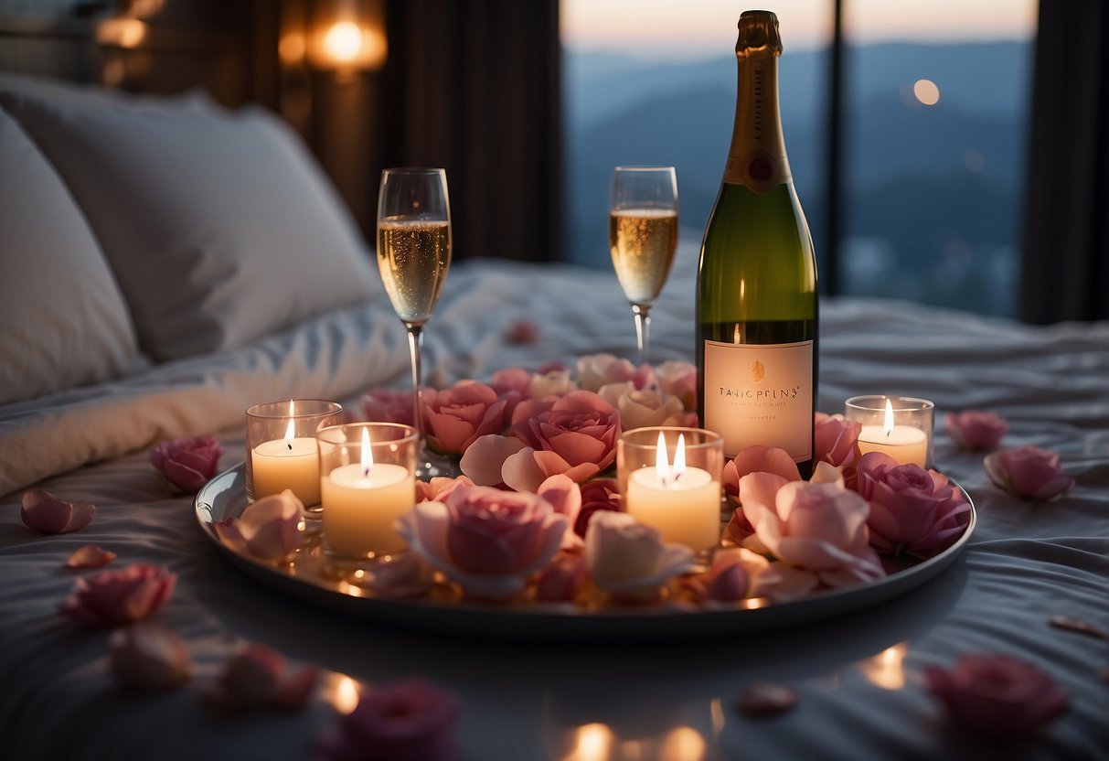 A bed adorned with rose petals and candles, soft lighting, and a bottle of champagne on ice. Subtle music plays in the background, creating a romantic ambiance