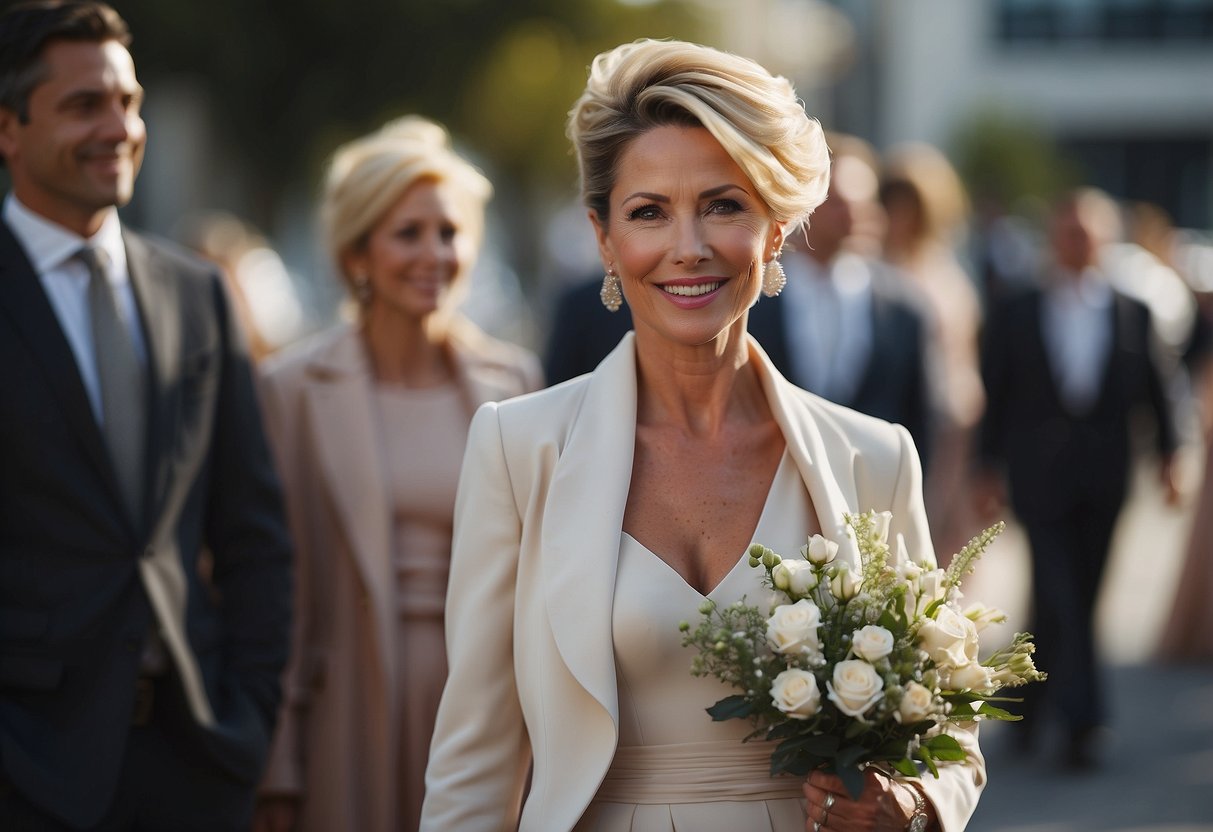 A modern mother of the bride in a chic, elegant outfit, wearing a stylish and sophisticated color that complements the wedding theme