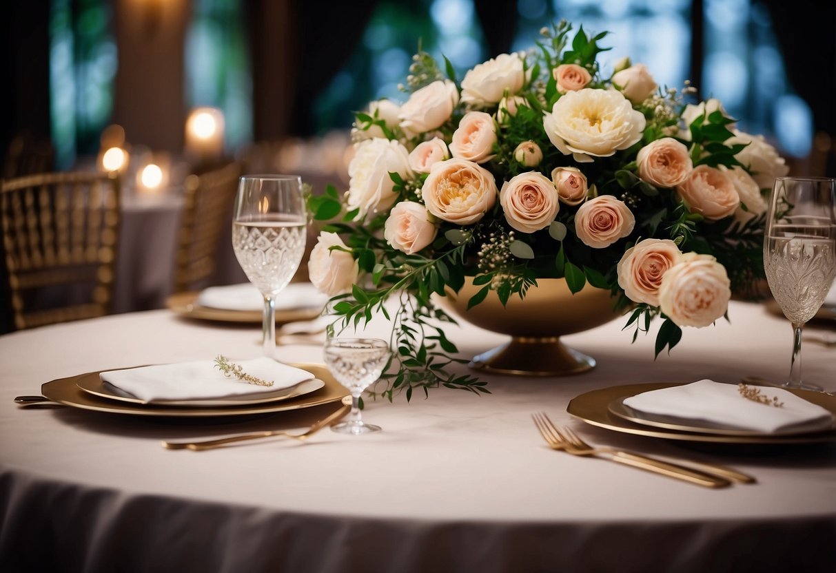 A round table adorned with a lush floral centerpiece, featuring fragrant roses, peonies, and greenery, creating a romantic and elegant ambiance for a wedding night celebration