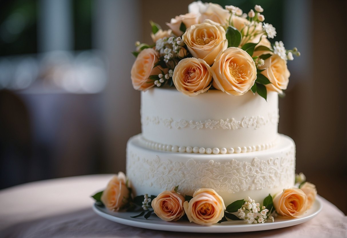 A three-tiered wedding cake adorned with simple floral decorations and a delicate lace pattern