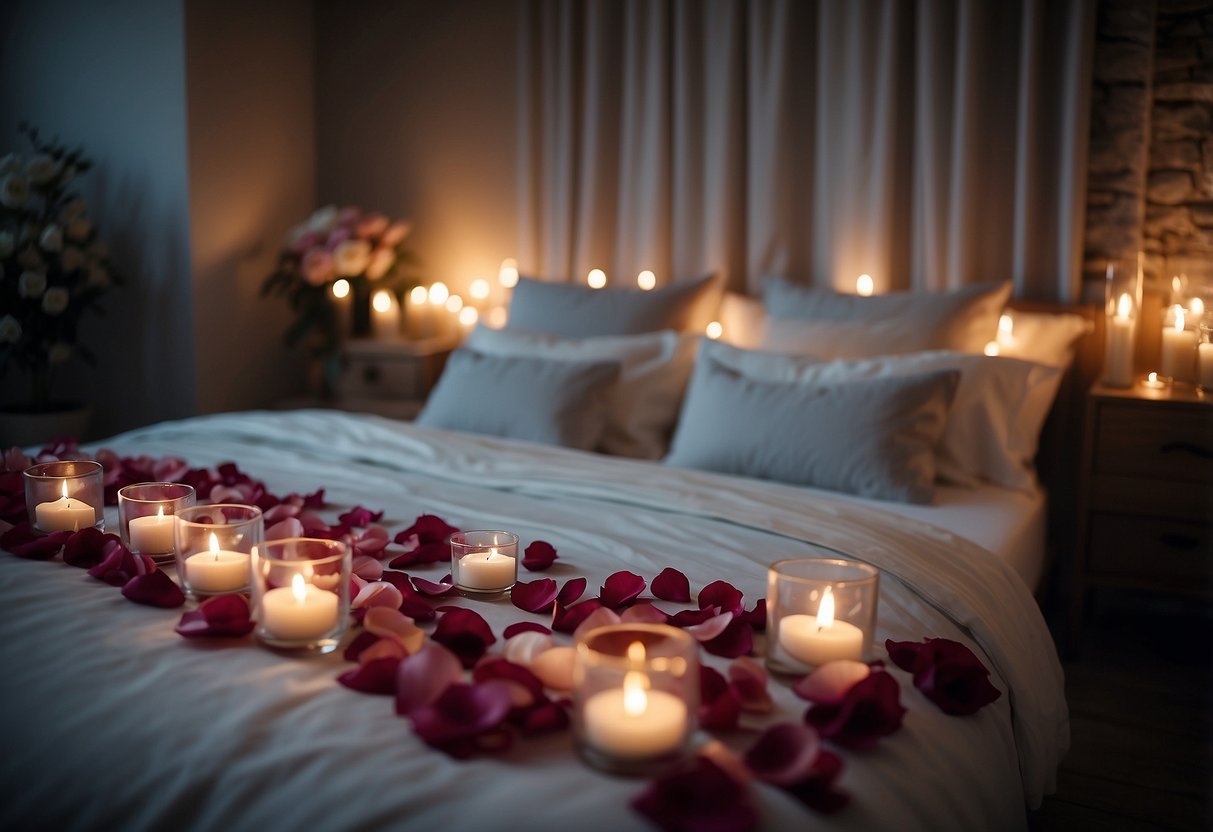 A plush bed with silk sheets, scattered rose petals, and flickering candles create a romantic ambiance for a wedding night