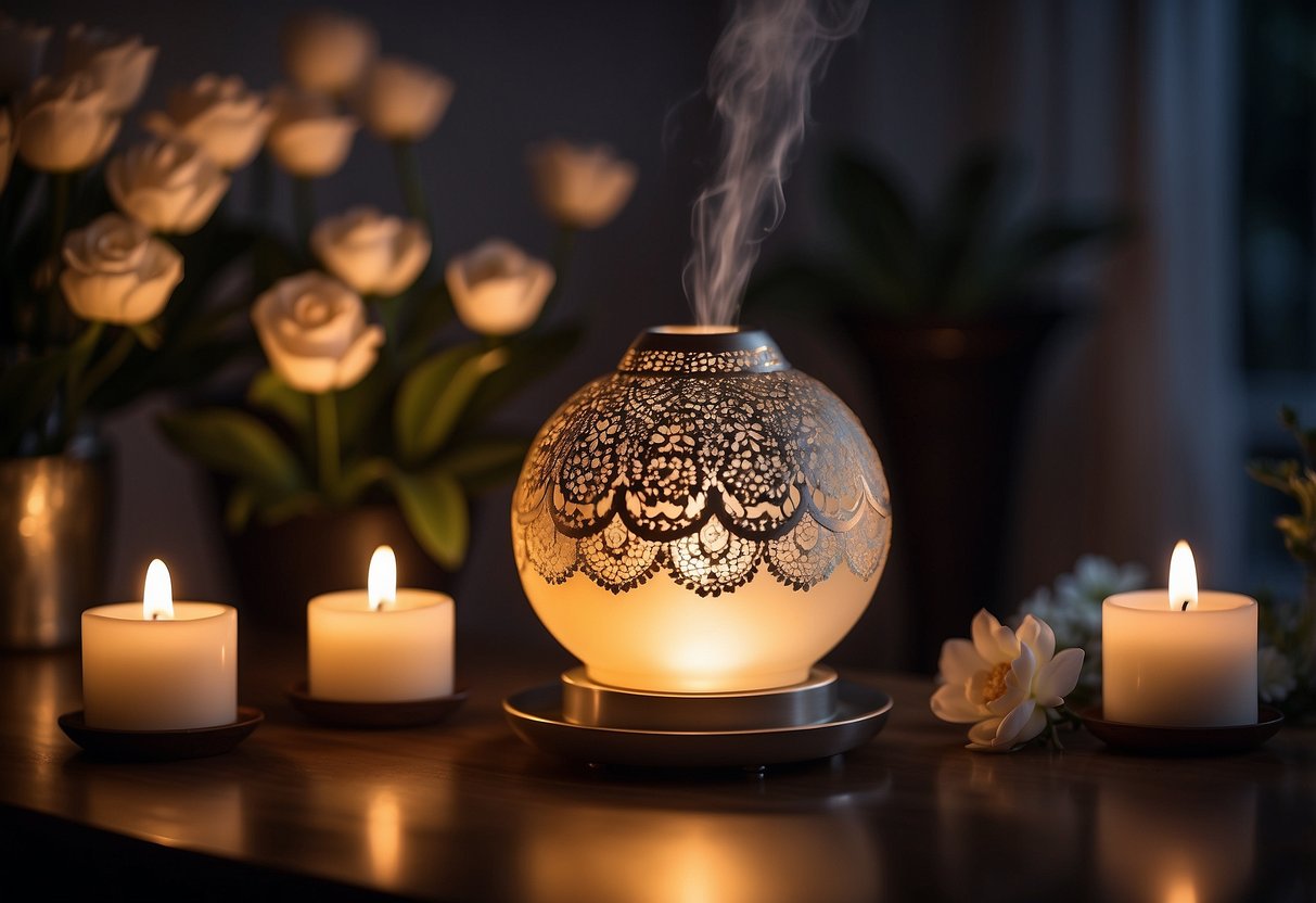 A scented essential oil diffuser emits a soft glow, filling the room with a calming aroma. Petals and candles adorn the nightstand, creating a romantic ambiance for a wedding night