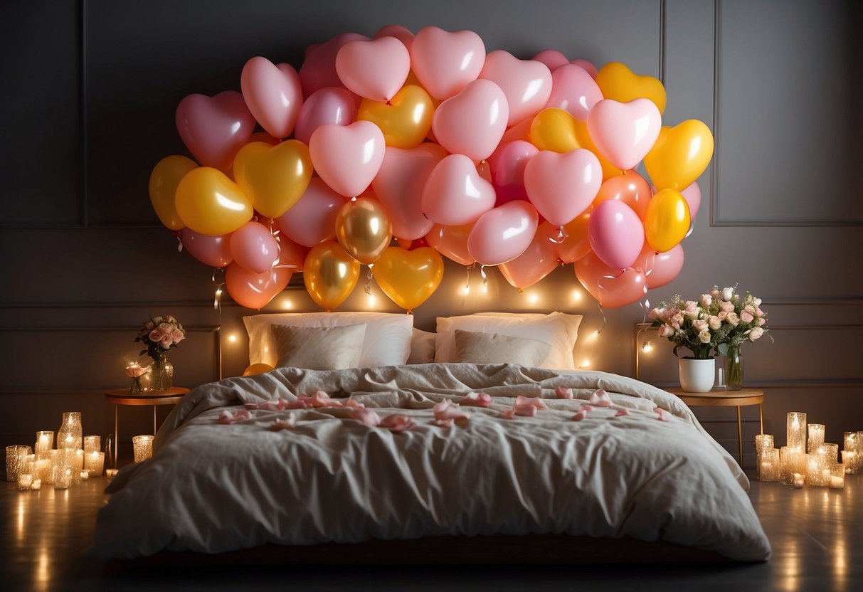 Heart-shaped balloons float above a bed, adorned with soft lighting and rose petals, creating a romantic atmosphere for a wedding night