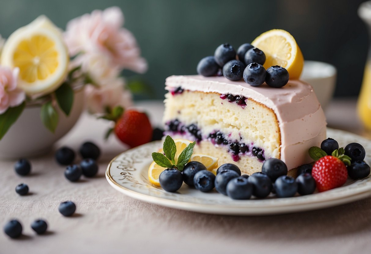 A three-tiered lemon blueberry cake adorned with fresh berries and lemon slices, set against a backdrop of soft pastel colors and delicate floral accents