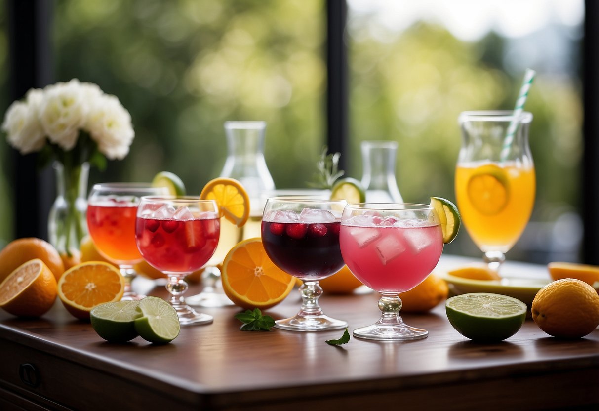 A table with various punch bowls filled with colorful and refreshing wedding punch options, surrounded by elegant glassware and garnishes