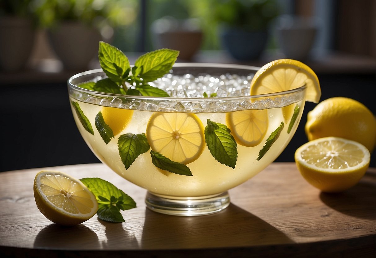 A large glass punch bowl filled with sparkling lemonade, adorned with slices of fresh lemons and sprigs of mint. A ladle rests on the side, ready to serve