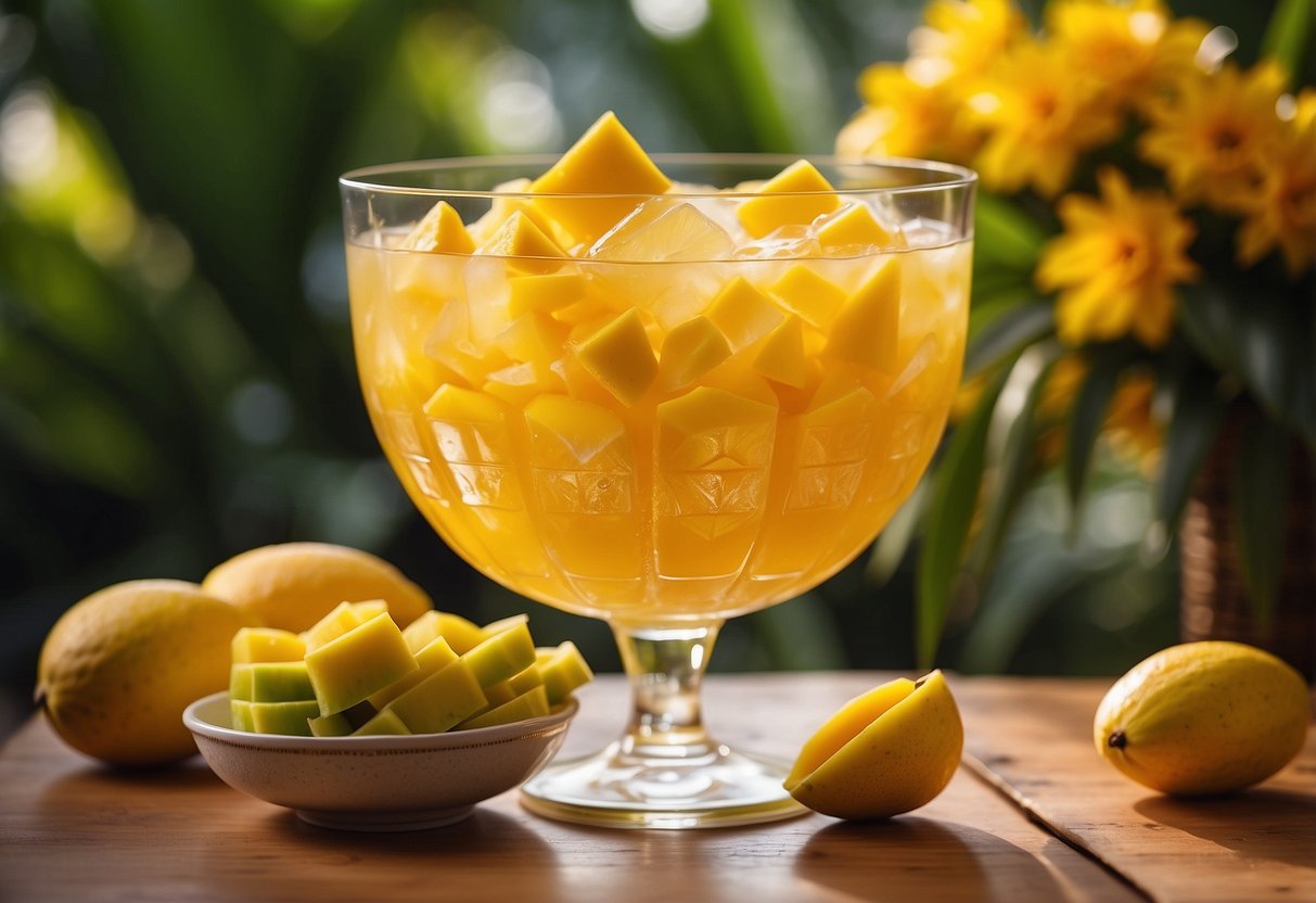 A large glass punch bowl filled with vibrant yellow tropical mango punch, surrounded by fresh mango slices, pineapple chunks, and colorful paper umbrellas