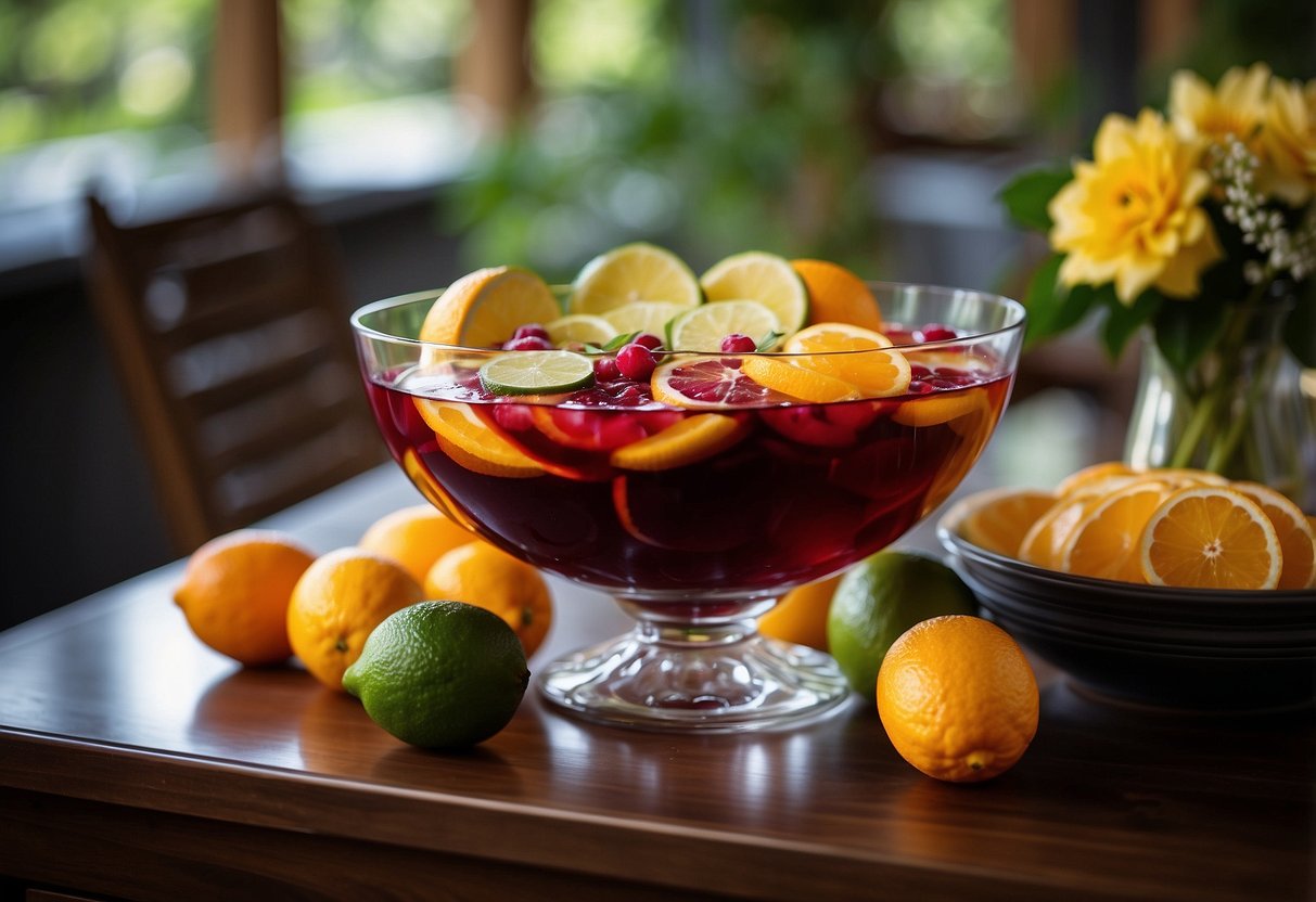 A large glass punch bowl filled with vibrant red sangria, garnished with slices of oranges, lemons, and limes, surrounded by elegant glassware and decorative floral arrangements