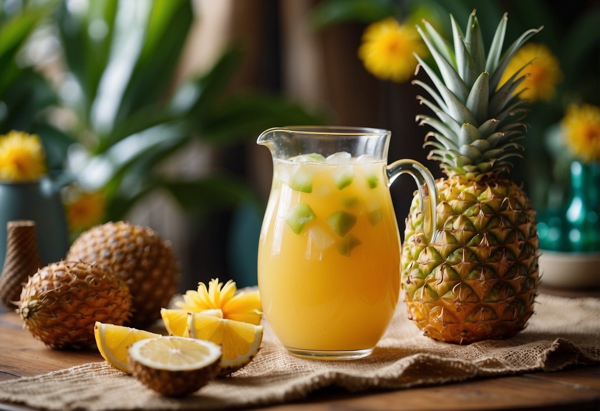 A glass pitcher filled with pineapple coconut punch, surrounded by tropical fruits and flowers on a decorated table