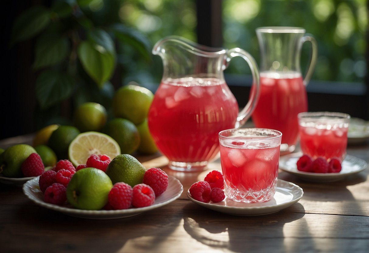 A glass pitcher filled with vibrant raspberry lime punch sits on a lace-covered table, surrounded by fresh fruit and elegant glassware