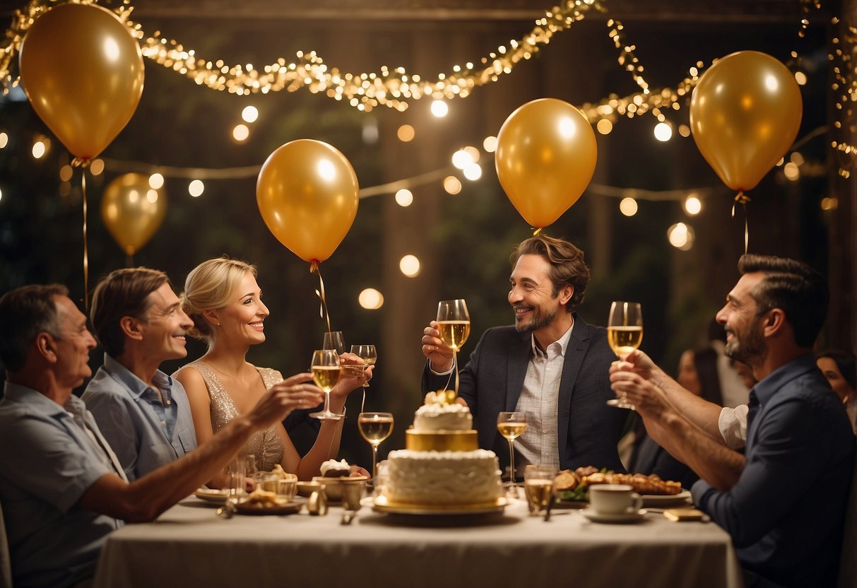 A couple sits at a beautifully decorated table, surrounded by family and friends, raising their glasses in a toast. A large "50" balloon and a golden anniversary cake are prominently displayed