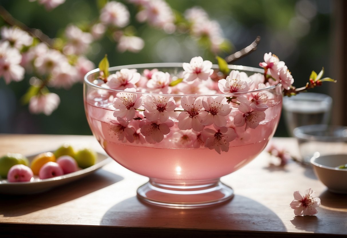 A large glass punch bowl filled with pink cherry blossom punch, surrounded by delicate cherry blossom decorations and fresh fruit garnishes