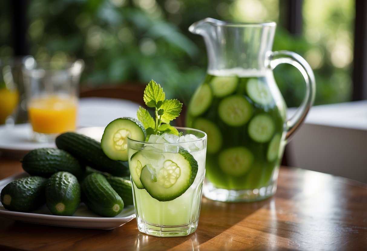 A glass pitcher filled with cucumber mint punch surrounded by fresh cucumber and mint leaves on a decorated wedding reception table