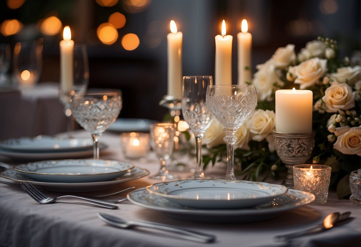 A candlelit table set with fine china and silverware, adorned with fresh flowers. Soft music plays in the background as the couple enjoys a romantic dinner