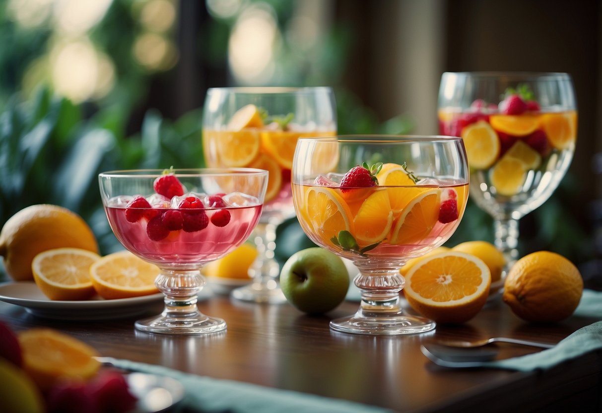 A colorful array of fruit-filled punch bowls surrounded by elegant glassware and decorative floral arrangements