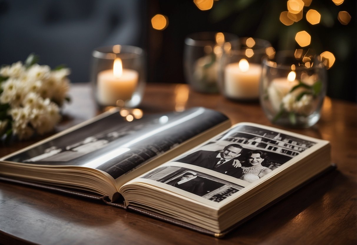 A table displaying a personalized photo album with 50th wedding anniversary decorations and memorabilia