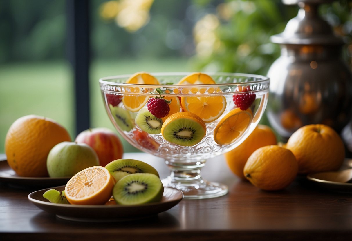 A decorative punch bowl with fruit slices, surrounded by glasses and a ladle, on a table with floral accents