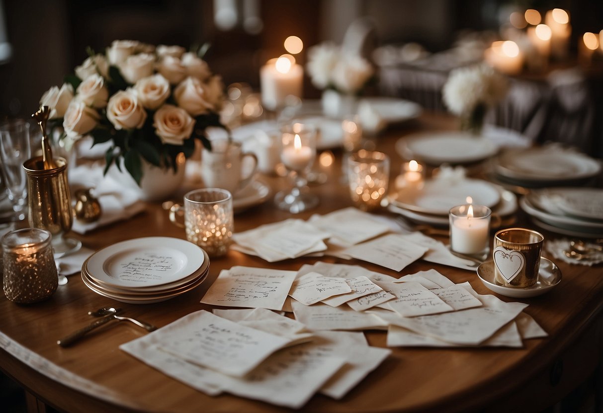 A table scattered with handwritten love letters, surrounded by 50th wedding anniversary memorabilia and decorations