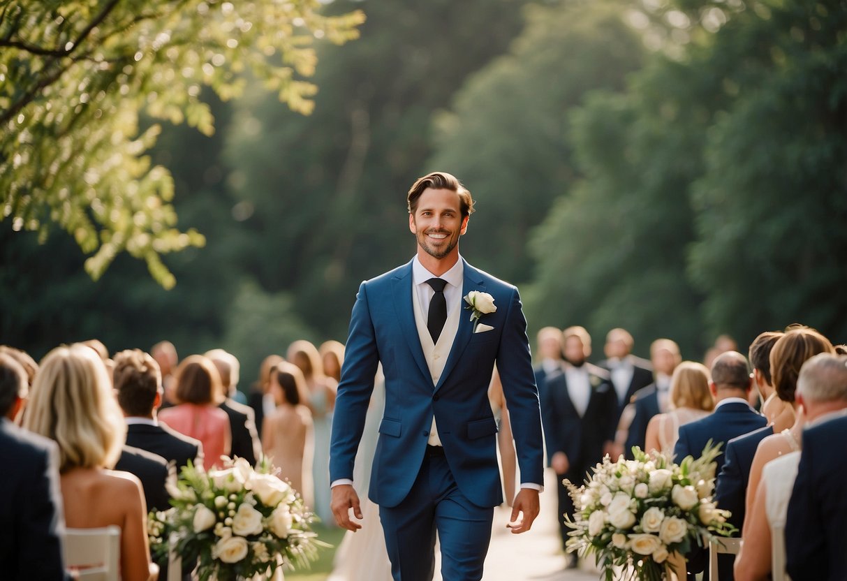 The groom walks down the aisle to the sound of a melodic and uplifting song, creating a sense of joy and anticipation in the air