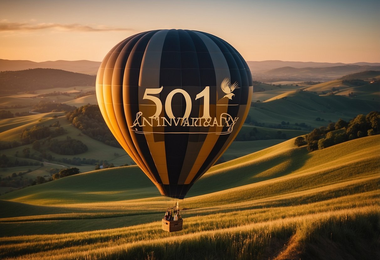 A hot air balloon floats over rolling hills at sunset, adorned with a "50th Anniversary" banner. Champagne glasses clink as a couple embraces