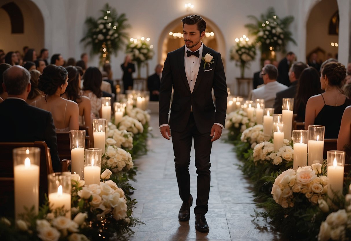 The groom walks down the aisle to "A Thousand Years" by Christina Perri, surrounded by soft candlelight and delicate floral arrangements