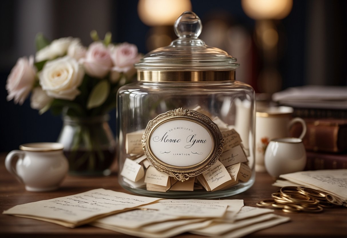 A beautifully decorated memory jar sits on a table, filled with handwritten notes and mementos from 50 years of marriage