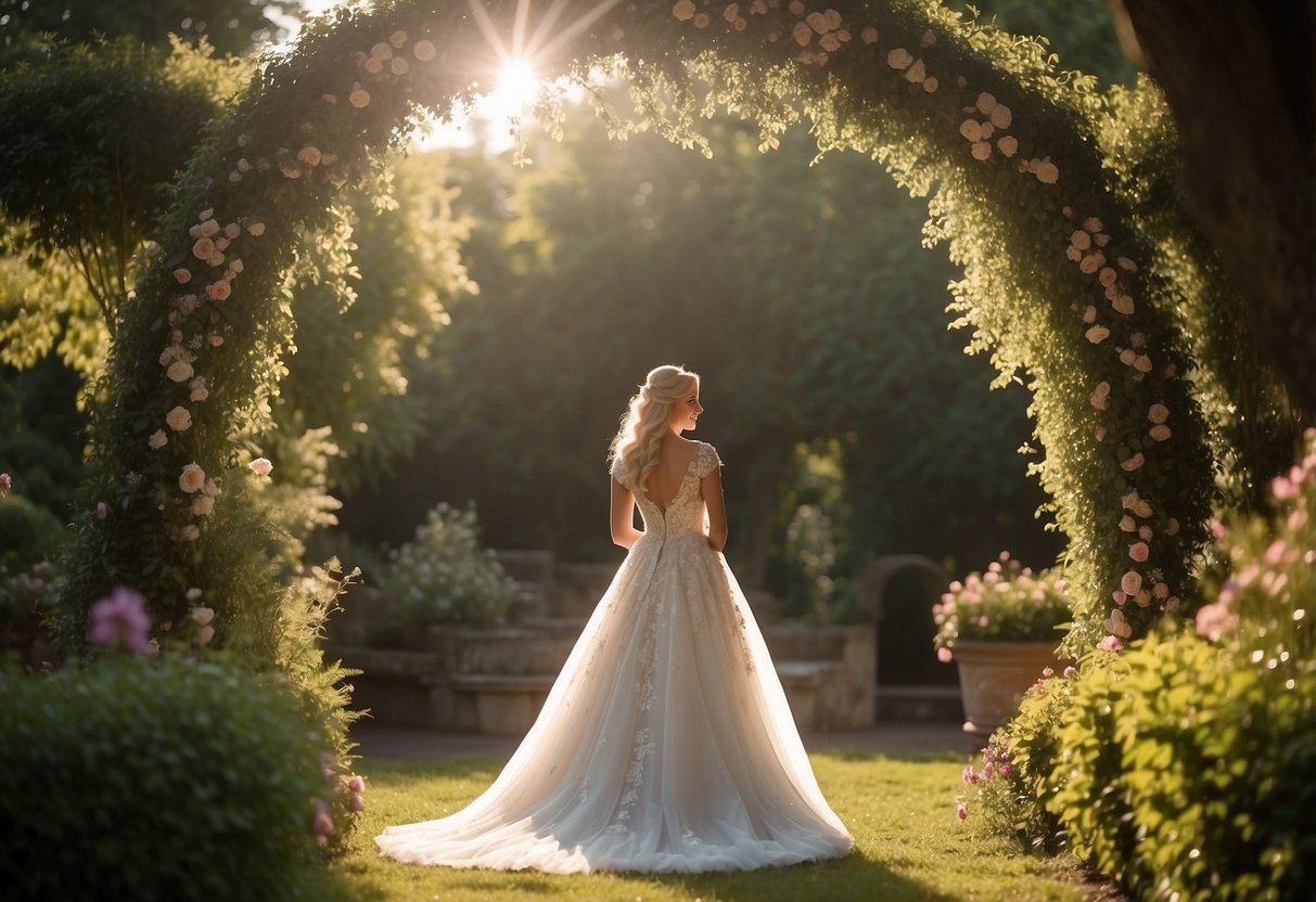 A radiant bride stands beneath a blooming archway. Her flowing gown catches the sunlight, casting a soft glow over the surrounding garden