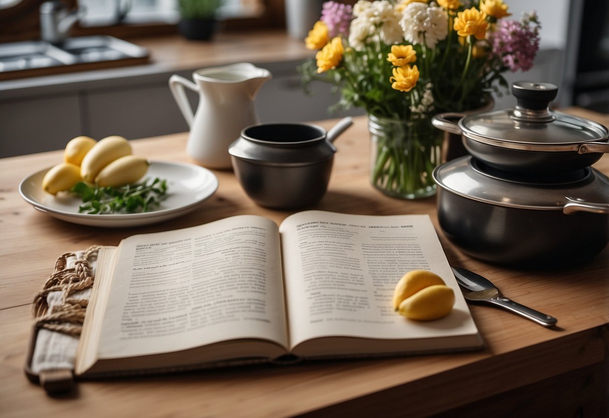 A cozy kitchen with two sets of utensils, pots, and pans laid out on a wooden countertop. A recipe book and a bouquet of flowers sit nearby