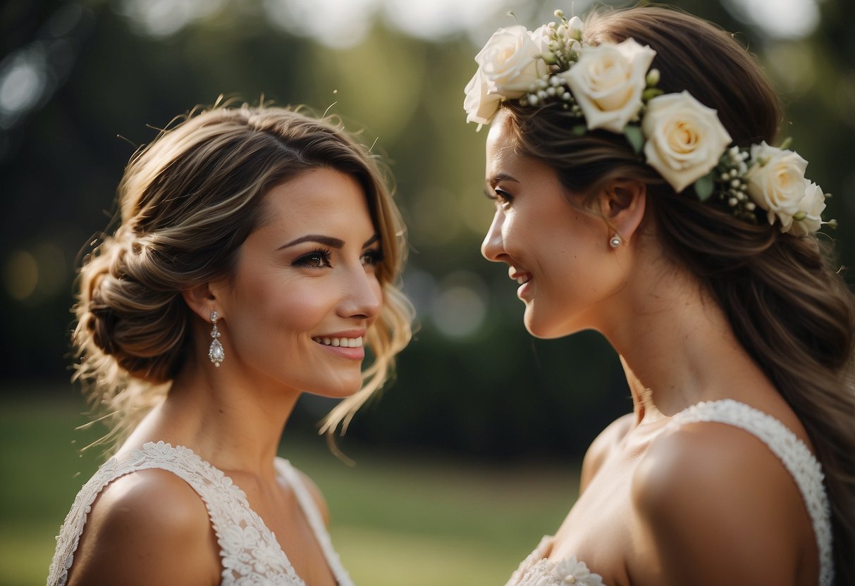 A best friend compliments a beautiful bride, admiring her stunning appearance