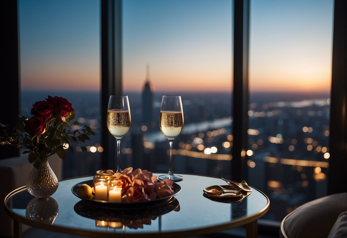 A lavish hotel suite with champagne, rose petals, and a stunning view of the city skyline