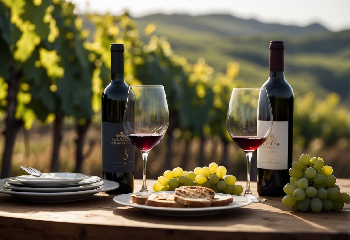 A table set with various wine glasses, bottles, and tasting notes. A scenic vineyard in the background with a couple celebrating their 50th anniversary