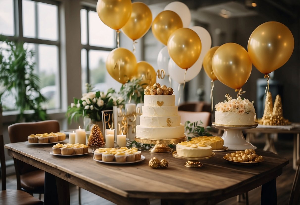 Guests gather with decorations, balloons, and a large "50" sign. A cake with golden icing and a couple's photo sits on a table