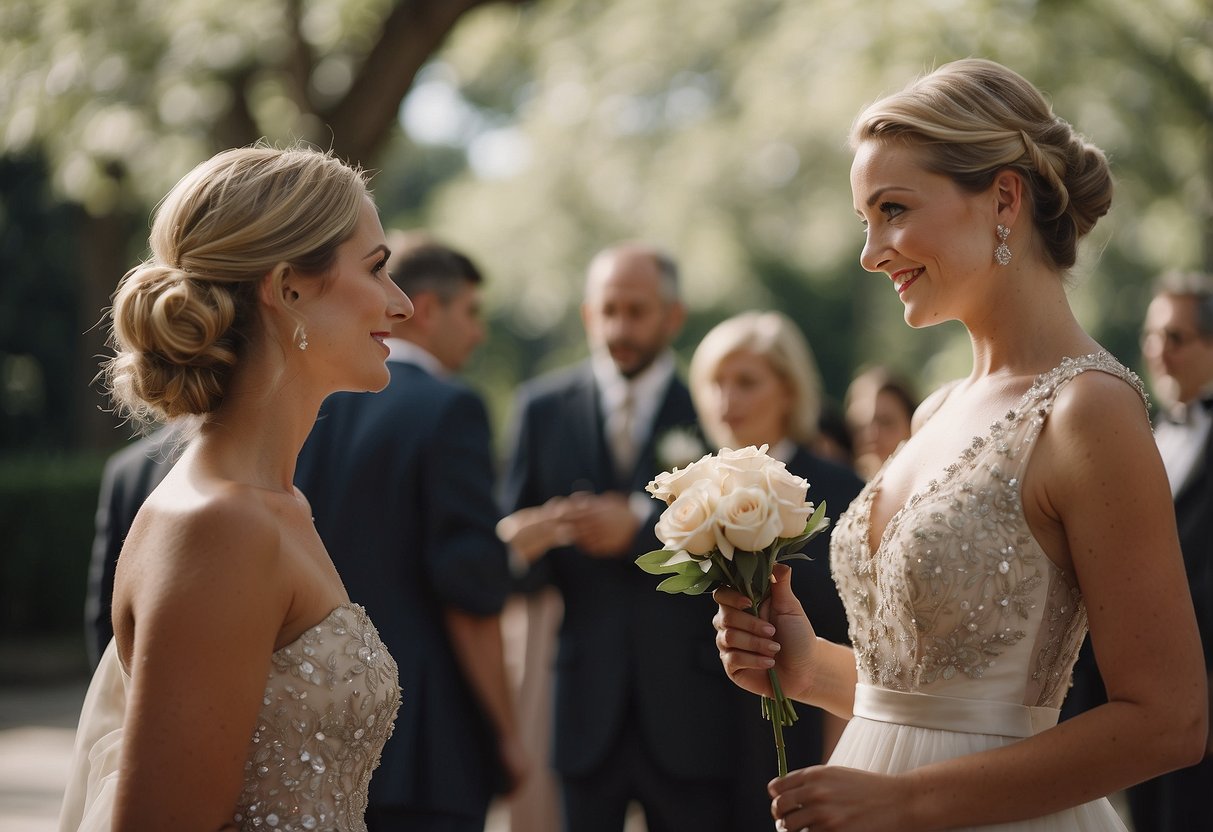 A bridesmaid admires the bride's elegance, perhaps with a hand over her heart, as she gazes at the stunning bride