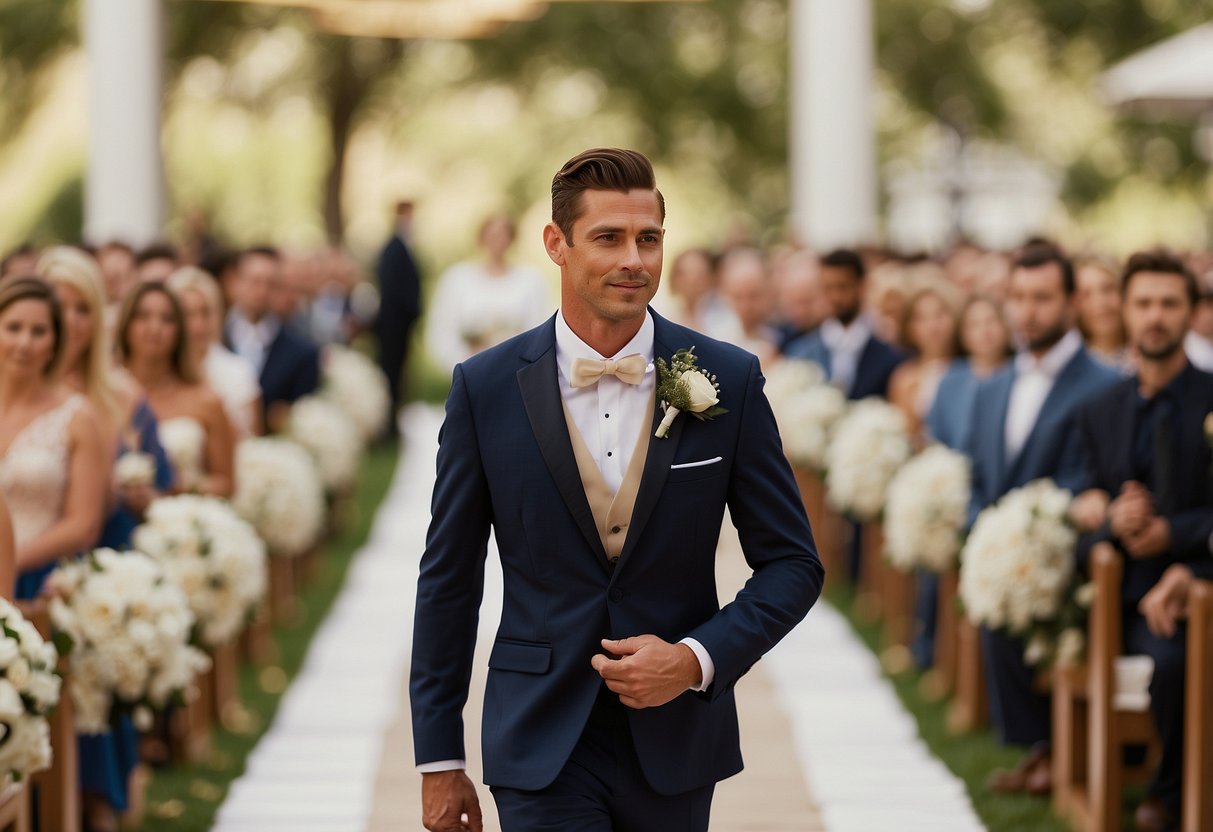 The groom walks down the aisle to a soft, melodic song, creating a serene and romantic atmosphere