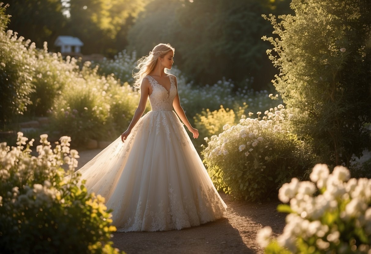 A radiant bride stands in a garden, surrounded by blooming flowers and bathed in soft sunlight. Her gown shimmers with delicate lace and her veil floats behind her like a cloud