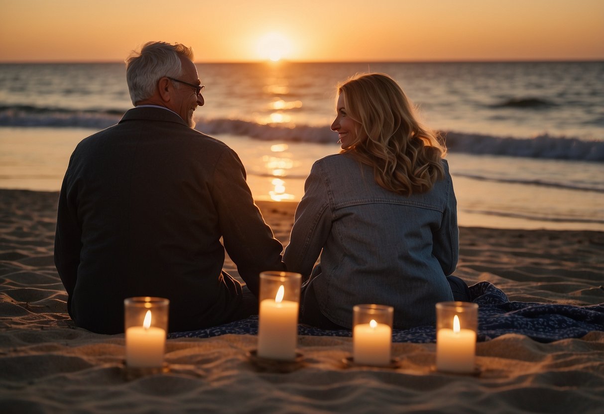 A couple sits on a beach at sunset, surrounded by candles and a picnic. A banner reads "50th Anniversary." They hold hands and smile