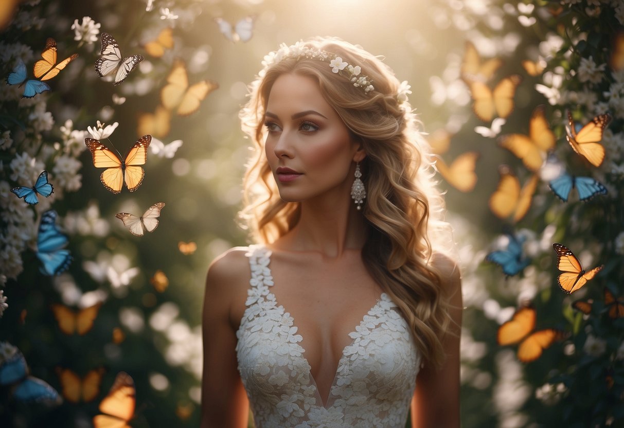 A glowing bride surrounded by butterflies and flowers