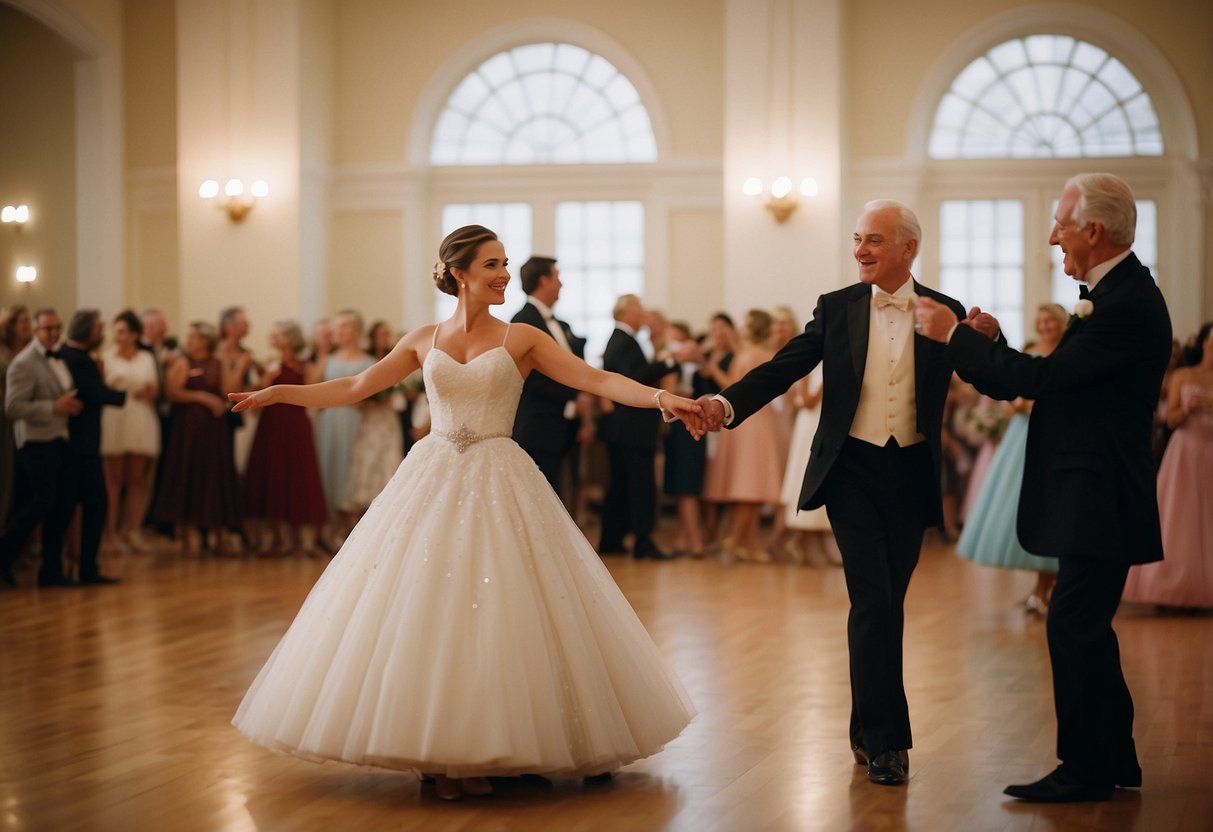 A couple waltzes in a grand ballroom, surrounded by friends and family, as they celebrate their 50th wedding anniversary with a dance class