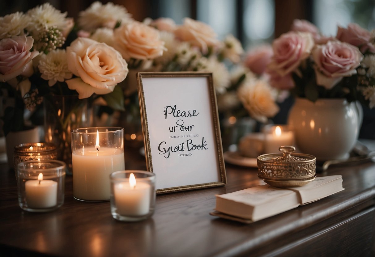 A table with a decorative pen and sign that reads "Please sign our guest book" surrounded by flowers and candles