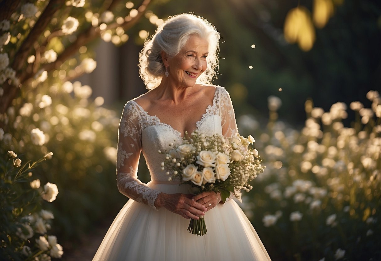 Grandmother's words: "Absolutely ethereal." A radiant bride in a stunning gown, surrounded by delicate flowers and soft, glowing light