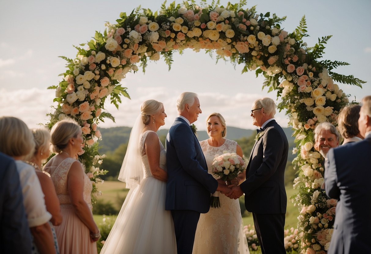 A couple stands beneath a floral arch, surrounded by family and friends, exchanging vows on their 50th anniversary