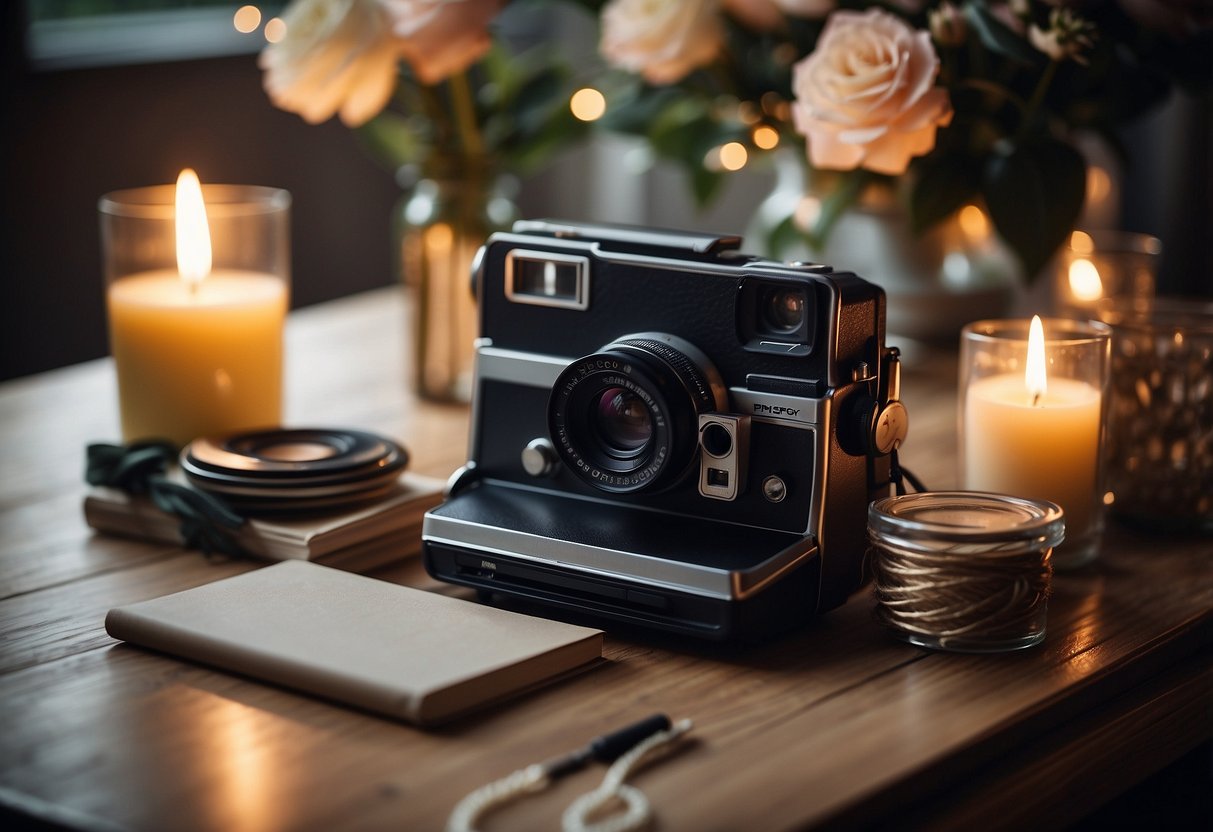 A table with a Polaroid camera, album, and pens. Surrounding it are decorative elements like flowers, candles, and string lights