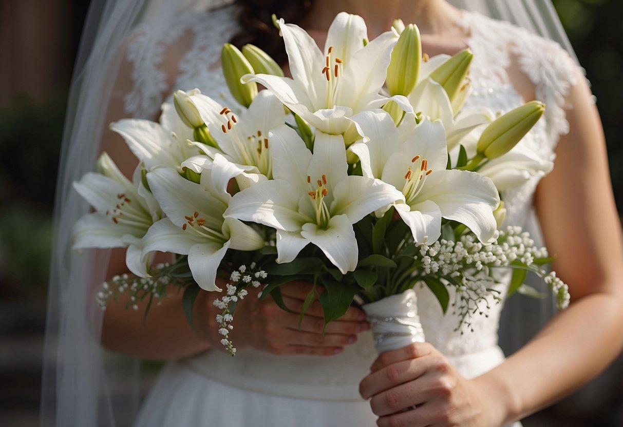 A radiant bouquet of white lilies, delicate lace veil, and sparkling tiara, capturing the essence of a beautiful bride