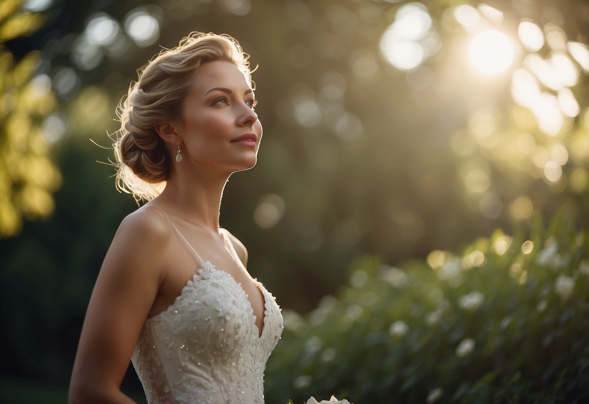 A radiant bride stands in a garden, her gown billowing in the breeze as she gazes at the sky with a look of awe and wonder