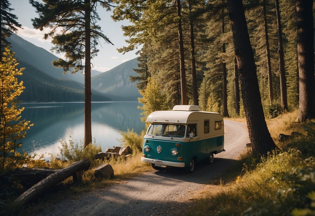 A winding road cuts through mountains, leading to a picturesque lake. A vintage camper sits by a crackling campfire, surrounded by towering trees